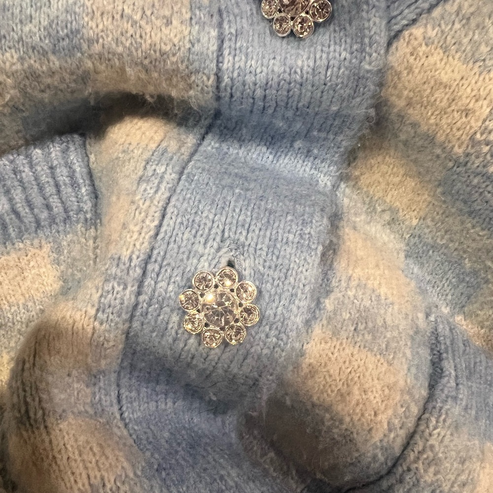 Zara Cardigan Vest Gingham Blue Cream V-Neck Crystal Glass Sweater S Small - Picture 5 of 10